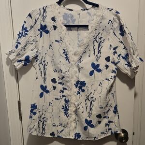 Floral White and Blue Blouse